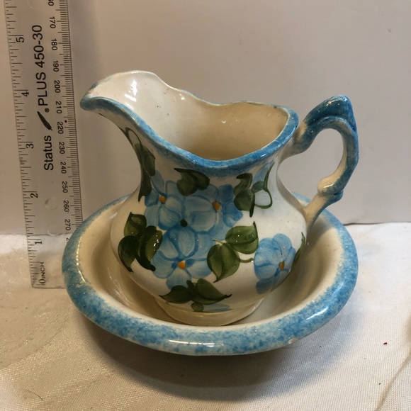1940’s Cash Family Pottery Erwin Tennessee Small Hand Painted Pitcher Wash Basin - Picture 4 of 13